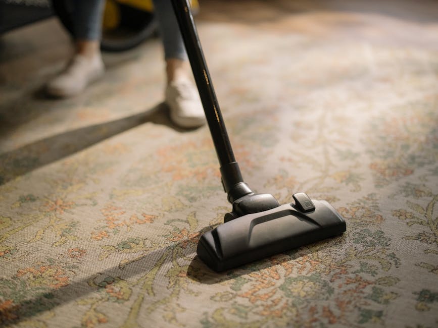 A person using a black vacuum cleaner to clean a traditional patterned area rug with floral motifs in a well-lit indoor space. The vacuum head is flat on the surface, with visible dust and debris being removed, and the user is wearing casual clothing and white sneakers. The room features a wooden floor and natural lighting that highlights the clean, well-maintained appearance of the rug, as part of a comprehensive surface cleaning and sanitisation process conducted by Carpet Cleaners Kingston, tailored for shop owners at the Bentall Centre Kingston, KINGSTON.
